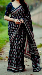 Black leaf Patterned Summer Cotton Saree