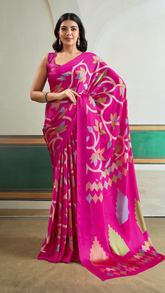 Pink Floral Pure Ajrakh Satin Crepe Silk Saree