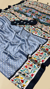 Pigeon Blue Bandhini Floral Ajrakh Gajji Silk Saree