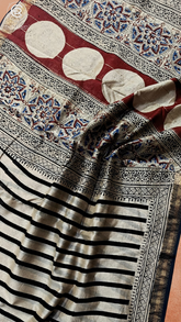 White Black & Red Line Patterned Handblocked Pure Maheshwari Cotton Sarees