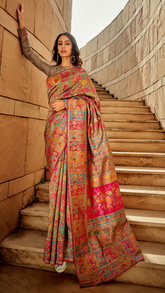 Taupe Grey Full Floral Pure Kashmiri Festive Weave Cotton Saree
