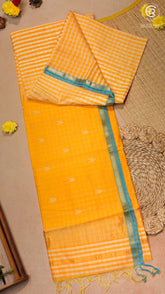 Yellow & Blue Checked Handloom Pure Maheshwari Silk Saree