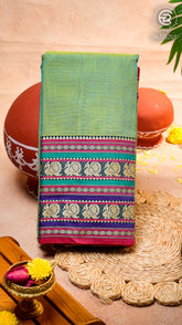 Sage Green & Pink Peacock Double Layered Handloom Narayanpet Cotton Saree