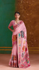 Pink Maple Leaf Pure Kashmiri Festive Weave Cotton Saree