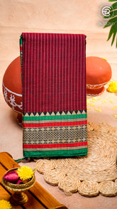 Maroon & Green Line Patterned Temple Border Handloom Narayanpet Cotton Saree