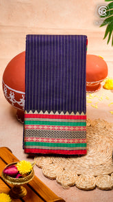Blue and Red Line Patterned Temple Border Handloom Narayanpet Cotton Saree