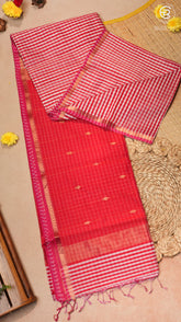 White & Red Checked Handloom Pure Maheshwari Silk Saree