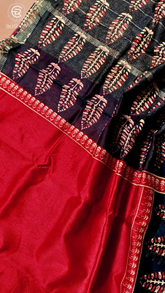 Red & Black Pine Cone Floral Handblocked Pure Maheshwari Cotton Sarees