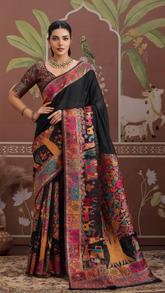 Black Festive Tree Pure Kashmiri Festive Weave Cotton Saree