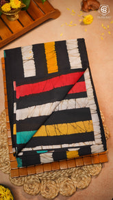 Black and Multi Color Line Patterned Handblocked Pure Mul Cotton Saree