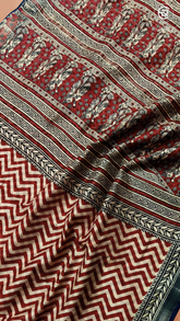 White & Red ZigZag Handblocked Pure Maheshwari Cotton Sarees