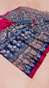 Pink and Blue Ajrakh Satin Crepe Silk Saree