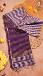 White and Purple Gingham Check Handloom Pure Maheshwari Silk Saree