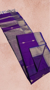 Navy Blue Line Diamond Zari Handloom Pure Maheshwari Silk Saree