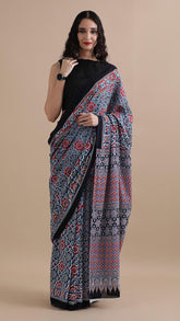 Blue Red & Black Mulmul Cotton Saree