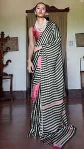 Black White & Pink Contemporary Satin Modal Silk Saree
