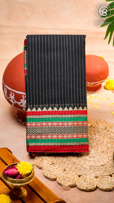 Black and Red Line Patterned Temple Border Handloom Narayanpet Cotton Saree