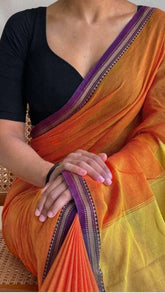 Orange and Yellow Zigzag Temple Border Narayanpet Handloom Cotton Saree