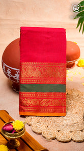 Red Peacock & Floral Zari Border Handloom Narayanpet Cotton Saree