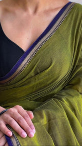 Olive Green and Blue Zigzag Temple Border Narayanpet Handloom Cotton Saree