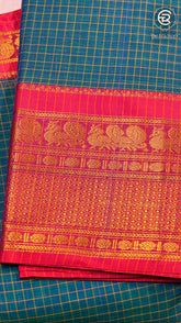 Peacock Blue & Red Zari Peacock Border Handloom Narayanpet Cotton Saree