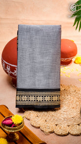 Elephant Grey & Black Star Floral Border Handloom Narayanpet Cotton Saree
