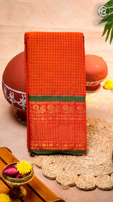 Red Checkered Zari Peacock Border Handloom Narayanpet Cotton Saree