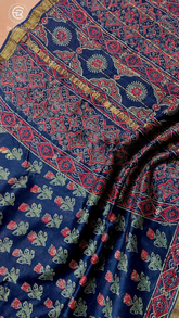 Blue Ajrakh Floral Handblocked Pure Maheshwari Cotton Sarees
