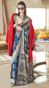 Blue Floral Brasso Georgette Silk Saree