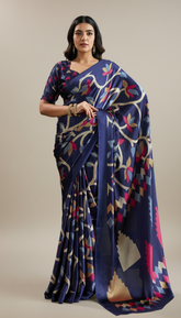 Blue Floral Pure Ajrakh Satin Crepe Silk Saree