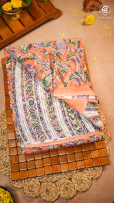 Orange & Blue Floral Handblocked Pure Georgette Saree