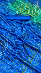 Blue Green Ajrakh Bandhini Satin Modal Silk Saree