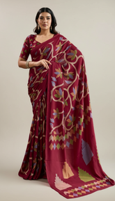 Red Floral Ajrakh Satin Crepe Silk Saree