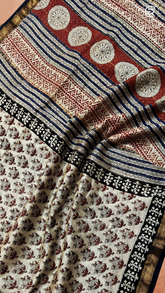 Beige & Maroon Floral Handblocked Pure Maheshwari Cotton Sarees