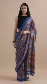 Blue Red & Yellow Mulmul Cotton Saree