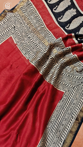 Red & Beige Mango Floral Handblocked Pure Maheshwari Cotton Sarees