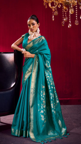 Teal Blue Temple Tree Tussar Silk Saree