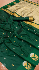 Emerald Green Floral Gold Silver Kanchi Soft Silk Saree