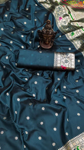 Dark Teal Blue Meenakari Peacock Paithani Soft Silk Sarees