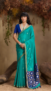 Teal Blue Star Floral Gold Silver Tussar Silk Saree