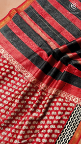 Red & Black Floral Handblocked Pure Maheshwari Cotton Sarees