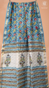 Baby Blue Floral Handblocked Pure Maheshwari Cotton Sarees