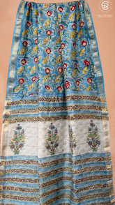 Baby Blue Floral Handblocked Pure Maheshwari Cotton Sarees