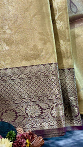 Gold and Violet Floral Kanchipuram Tissue Silk Saree