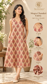 Beige Red Triangle Floral Mogra Chanderi Ready-to-Wear Kurti