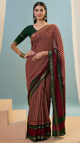 Red Beige & Green Line Striped Gap Border Soft Cotton Saree