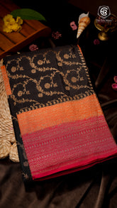 Pure Black Floral with Orange and Pink Border Pure Crepe Chiffon Banarasi Silk Saree