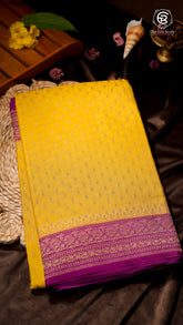 Yellow and Purple Pure Crepe Chiffon Banarasi Silk Saree