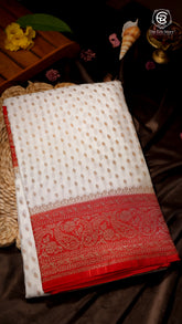 White and Red Pure Crepe Chiffon Banarasi Silk Saree