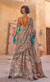 Beige Floral Handloom Zari Tissue Silk Saree